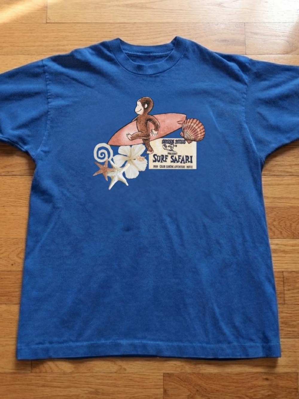 Gildan Blue Men's Tee with Surf Safari Monkey Graphic
